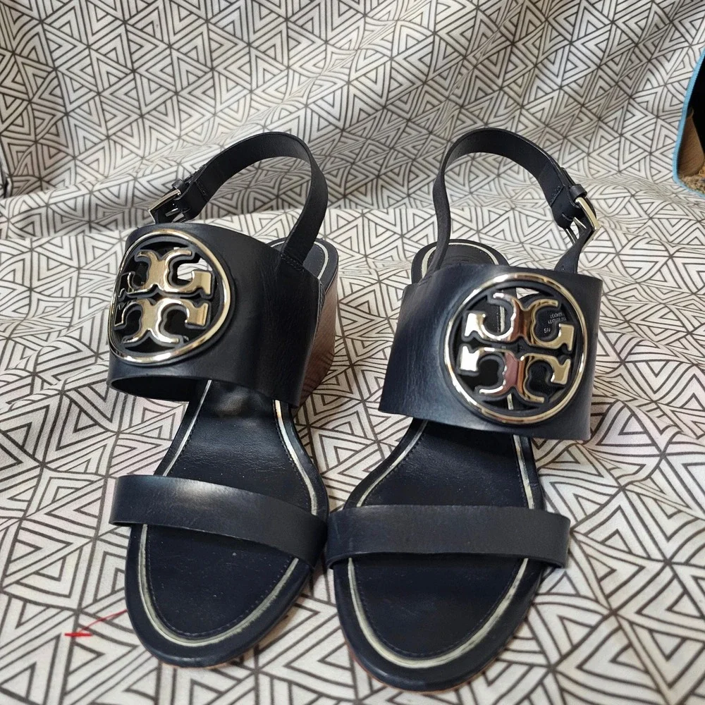 Tory Burch Metal Miller Leather Wedge Sandals Navy Blue Silver Size 8.5